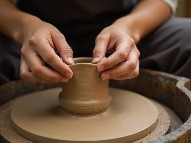 陶芸家が轆轤を回す手元